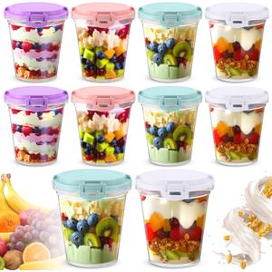 Blushtier 10 Pcs Overnight Oats Containers with Lids 24 oz Leak Proof Oats Jars Reusable Plastic Food Storage Meal Prep Container for Yogurt Cereal Soup Milk Salad Dishwasher Safe