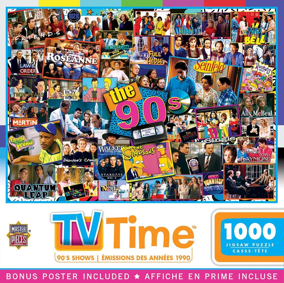 MasterPieces - 1000 Piece Jigsaw Puzzle, 90s TV Shows Collage, Fun for Adults, Family, Kids, Non-Glare Finish, 19.25" x 26.75"
