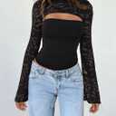 Women's Lace Long Sleeve Going Out Tops Sexy Y2K Crew Neck Cutout Double Lined Slim Night Out Shirts (Black, L)