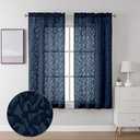 Lecloud Leia Living Room Navy Blue Sheer Curtains 63 Inch Length 2 Panels, Balance Light & Privacy Jacquard Textured Voile Curtain with Dual Rod Pockets, Leaf Farmhouse Bedroom Drapes, 38W x 63L