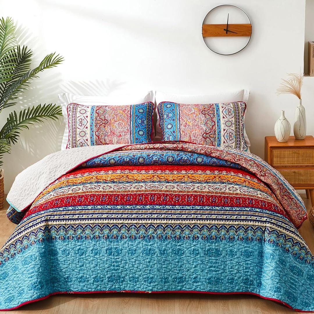WONGS BEDDING Bohemian Quilt Set Full Size, Boho Striped Pattern Quilts Bedspread Set for All Season, Soft Microfiber Coverlet Bedding Set 78"x90"(3 Pieces, Full) (Beige)