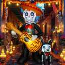 6 FT Halloween Inflatables Decoration, Blow Up Yard Decorations, Day of The Dead Spooky Sugar Skull Guitar and Skeleton Dog, Dia De Los Muertos Dcor with Built-in LED for Outdoor Garden, Lawn