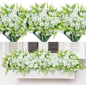Artificial Flowers for Outdoors 12 Bundles White Artificial Petunias Fake Flowers UV Resistant Shrubs Plants with Fern for Indoor Outside Hanging Planters Home Garden Spring Decorations