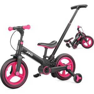JMMD Toddler Bike with Push Handle for Kids 18-60 Months, 6 in 1 Foldable Push Bike with Training Wheels, Pedals, Brakes, Kickstand, Kid Balance Bike Gift & Toys for Boy & Girl (Large, Pink)