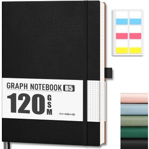 AHGXG Graph Paper Notebook - Grid Notebook Journal, 120 GSM Thick Graph Paper, Large B5 Notebook 96 Pages, Leather Softcover, for Graphing, Writing, Math, Engineering, 7.6'' X 10'' - Black