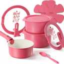 CAROTE Ceramic Sauce Pan Sets with Stand-Up Lid 2QT& 3QT & 4QT, 11 Piece NonStick Kitchen Cookware Sets with Detachable Handle, Non Toxic Cooking Pot, Oven Safe, Induction Ready, Pink