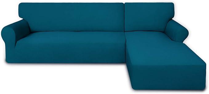 PureFit Super Stretch Sectional Couch Covers - 2 pcs Spandex Non Slip Sofa Covers with Elastic Bottom for L Shape Sectional Sofa Couch, Great for Kid & Pet (3 Seat Sofa + 3 Seat Chaise, Peacock Blue)