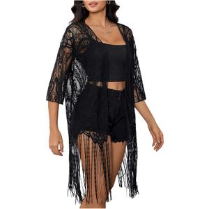 MakeMeChic Women's Lace Sheer Fringe Kimono Hollow Out Top Open Front Long Sleeve Beach Cover Up (Large, Black)