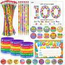 Cinrobiye 180 Pcs 100 Days of School Awards Set, Happy 100th Day Certificate of Award Rubber Bracelets Wristbands Coloring Posters Pencils 100 Days Smarter Badges Pins Stickers for School Party
