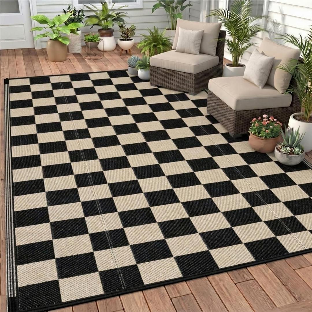 Black Beige Checkerboard Outdoor Rug 5 x 8 ft Checkered Plastic Straw Camping Mat Foldable Reversible Patio Carpet for Rv Deck Camper Porch Backyard Picnic Beach Outdoor Garden