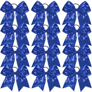 12 Pieces Blue Sequin Cheer Bows, 8 Inch Large Hair Bows with Elastic Ponytail Holder for School Girls Toddlers, Hair Accessories for Cheerleading, Dance, Party