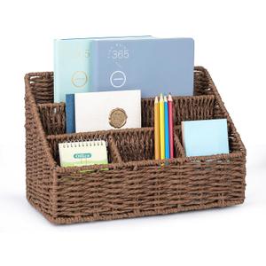 DINGTAI Rattan Desk Organizer, Tabletop Mail Holder, 5 Slot Mail Organizer Countertop Basket, Rattan Office Supplies, Boho Office Desk Accessories, Wicker Desk Organizer, Magazine HolderBrown