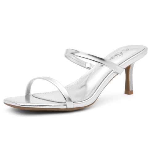 Shoe Land Kitten Heels for Women – Low Heels, Slip-On Open Toe Heeled Mules with 2 Straps, Dressy Short Heeled Sandals for Wedding, Party & Office | Trendy 2025, Silver, Size 5.0, SL-Tecy