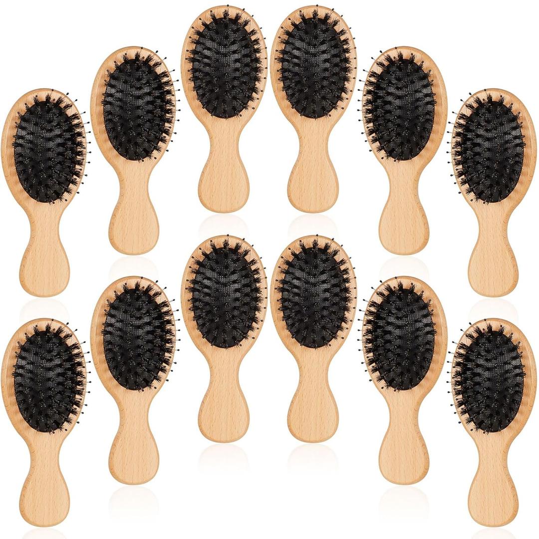 12 Pcs Mini Boar Bristle Hair Brush Bulk Bamboo Hair Brush for Women Men All Hair Type Scalp Massage Anti Static Engraving DIY Gifts for Wedding Party