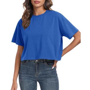 Women's Oversized Workout Cropped T Shirts Crew Neck Short Sleeve Casual Loose Summer Crop Tee Tops Cotton M