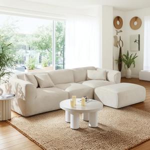 122" L-Shaped Luxury Velvet Living Room Sofa with Adjustable Ottoman and 3 Throw Pillows, Oversized 4-Seater Upholstery Sectional Couch for Apartment Office Spacious Spaces, Beige