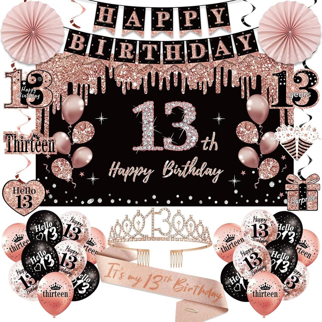 13th Birthday Decorations for Girls, 33pcs It's My 13th Birthday Crown and Sash, Black Rose Gold 13 th Banner Balloons Backdrop Hanging Swirls Paper Fans, 13 Years Old Party Supplies