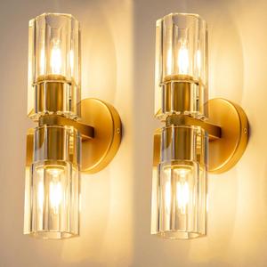 Gold Crystal Wall Sconces Set of Two, Wall Sconce Set of 2, Brass Sconces Wall Lighting with K9 Crystal Lampshade, Wall Lights for Bedroom Living Room Bathroom Hallway