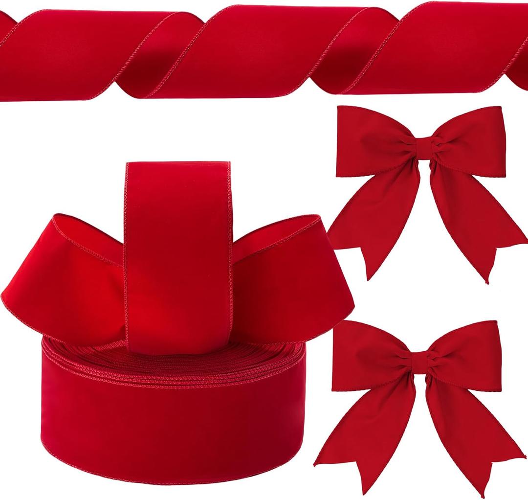 Yungyan Velvet Ribbons with Gold Edge Felt Ribbon Gift Bow Wrapping Ribbon for Handmade, Home Decor, Gift Wrapping, Wreath DIY Crafts, Christmas Tree(4 Inch X 120 Yards,Flocked Red)