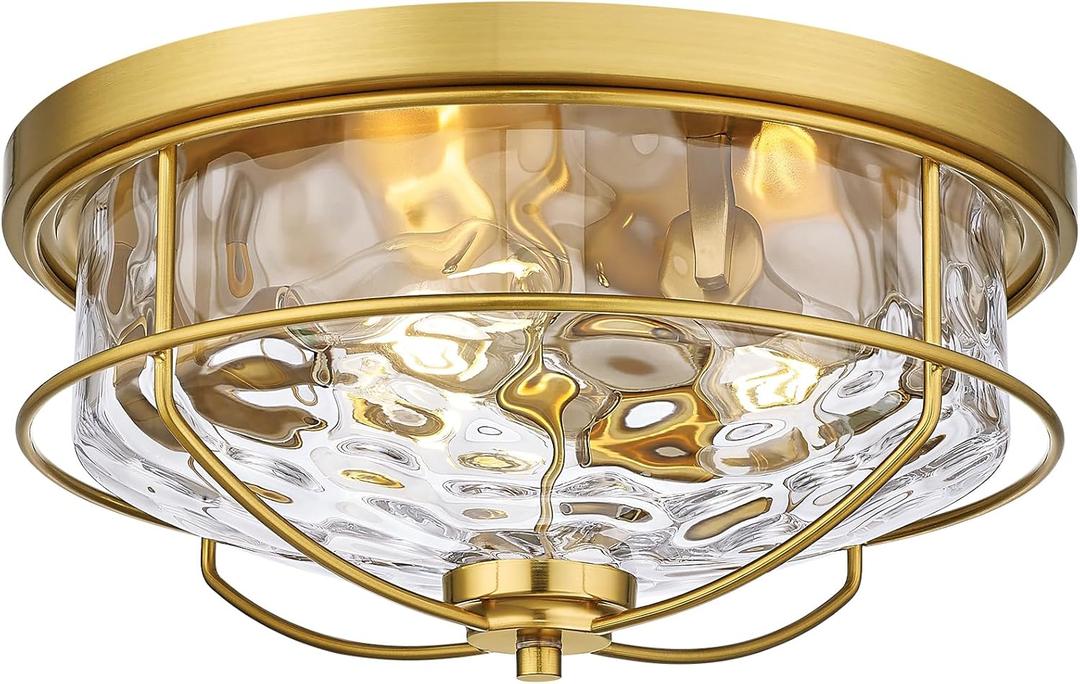15 Inch Flush Mount Ceiling Light, HWH 3-Light Modern Close to Ceiling Light Fixtures Brushed Gold Finish for Kitchen Porch Foyer with Hammered Water Ripple Glass, 5HTJ102WG-F BG