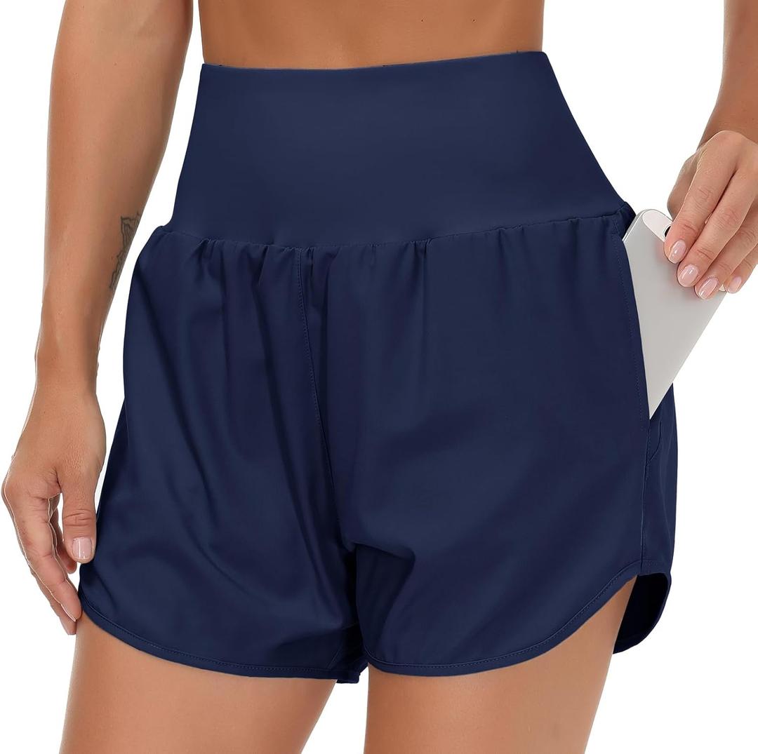 THE GYM PEOPLE Womens High Waist Running Shorts with Liner Athletic Hiking Workout Shorts Zip Pockets (Blue, L)