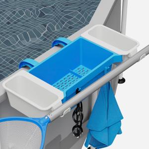 2025 XL Poolside Storage Basket with 2 Cup Holders & Pole Hanger Stretchable Pool Toy Holder Storage for Towels Drinks Pool Accessories Bar for Most Frame Above Ground Swimming Pools