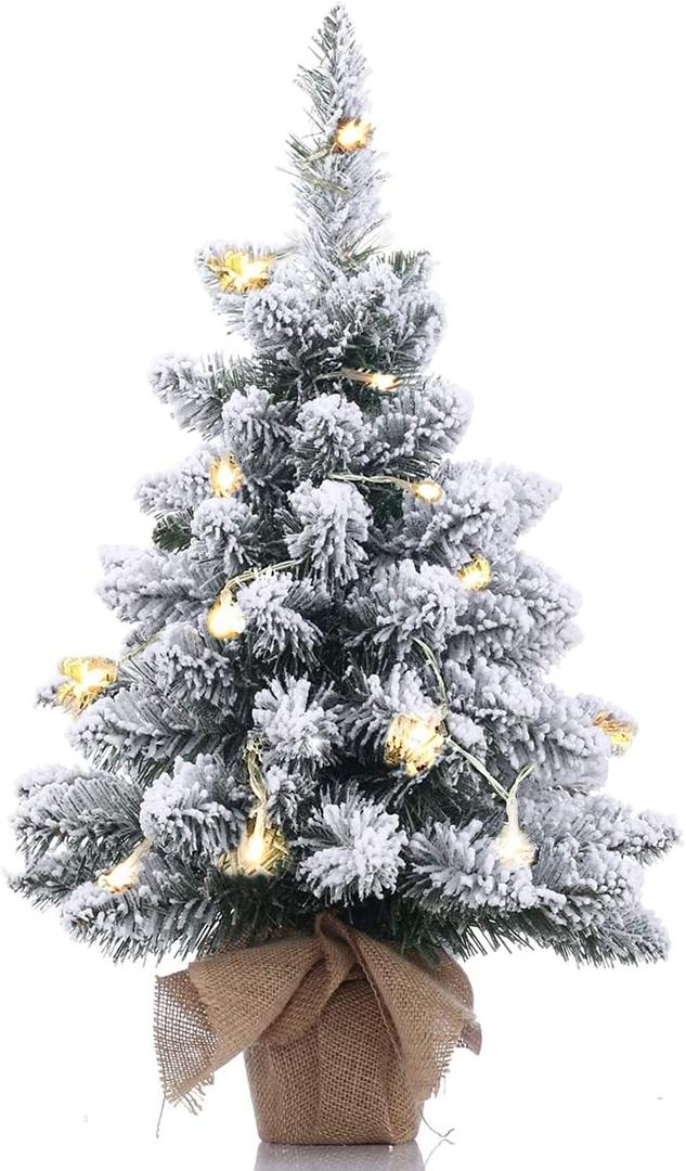 Pre-Lit Artificial Mini Christmas Tree,20 Inch Snow Flocked Small Pine Xmas Tree with 40 LED Lights,70 Branch Tips,Battery Operated Tabletop Christmas Tree Burlap Base-(50cm) (1ft 8in, White+green)