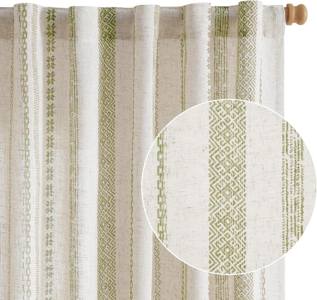 jinchan Linen Blend Boho Curtains for Living Room, 84 Inch Long Green Printed on Beige Retro Farmhouse Bohemian Geometric Drapes, Light Filtering Back Tab Curtains 2 Panels (50"W x 84"L (Pack of 2))