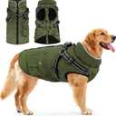 Dog Winter Coat with Harness Built-in | Waterproof Dog Jacket with Zipper & Fleece Lining | Reflective Cold Weather Coat for Small Medium Large Dogs (Army Green)