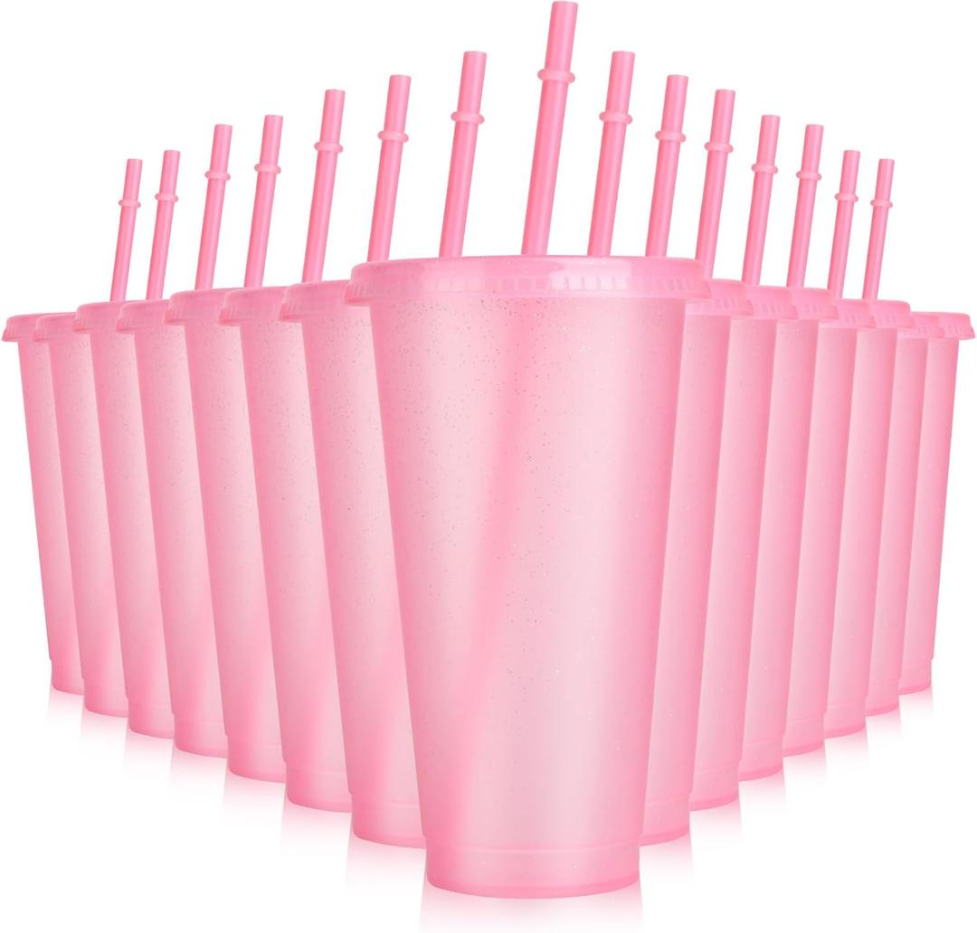 Hxezoc 16-Piece Reusable Cups with Lids and Straws, 24 oz Glitter Plastic Tumbler Iced Coffee Cups Travel Mugs for Smoothies, Juices, Beach, Bachelor Party (Light Pink)