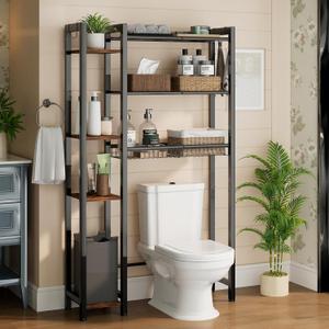 Over The Toilet Storage with Side Rack, 7-Tier Bathroom Organizer with Adjustable Shelf & Drain Basket & 4 Hooks, Freestanding Space Saver for Balcony, Laundry (Vintage Brown)