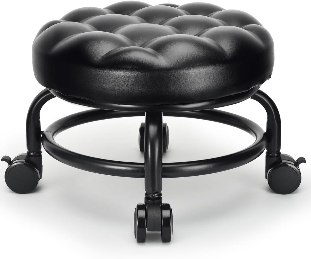 Low Height Rolling Stool Roller Stool PU Leather Comfortable Seat 360Swivel Rotating, Modern Rolling Chair for Home Office Garage Shop, 10 inches x 13 inches x 13 inches