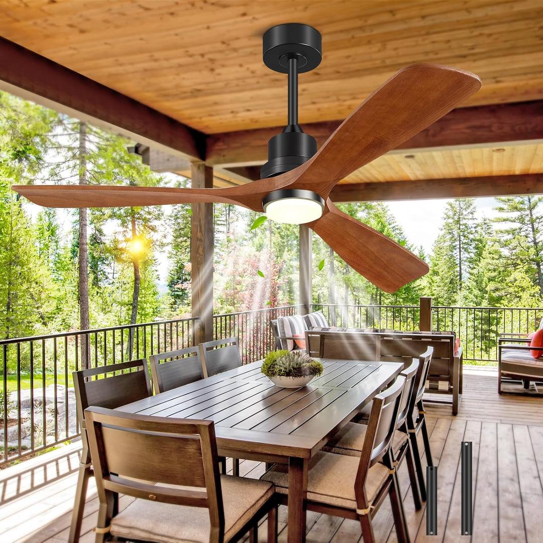 Ceiling Fans With Lights Remote Control, Outdoor Ceiling Fan for Patios Indoor, 3 Downrods, 3 Blades, Timer, 6 Speed Reversible Quiet DC Motor Modern Fan Solid Wood Fan, 52in, Brown