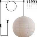 Plug in Hanging Lamp Lantern Linen Pendant Light 20in Off-White | Large Japanese Japandi Wabi Sabi Lantern Hanging Lamp Chandelier for Living Dining Room Bedroom Rented Apartment 1 Pack