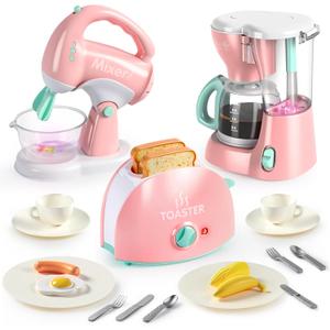 Joyin Play Kitchen Toys, Pretend Food Kitchen Accessories Girls Toy with Coffee Maker, Mixer, Toaster with Realistic Lights& Sounds, Birthday Gift for Kids Gifts for Christmas (Pink)