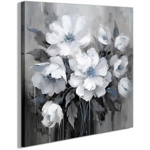 Bathroom Canvas Wall Art, Bathroom Wall Decor,Landscape for Living Room, Bedroom,Office, Gray and White Blue Flower Wall Decoration,14"x14"inches