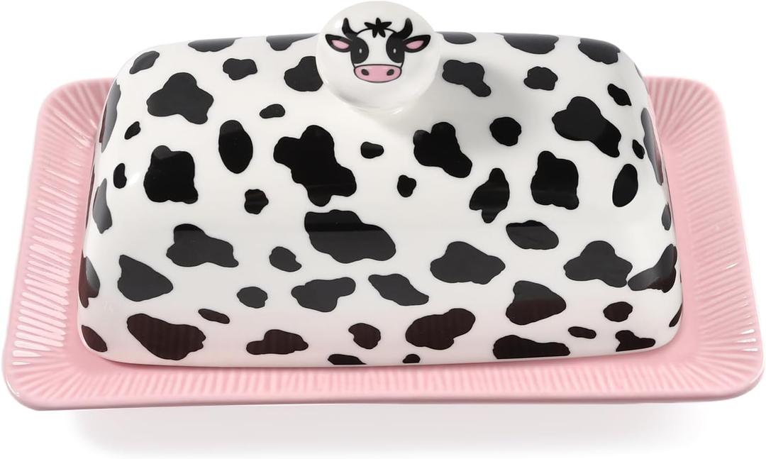 Cow Butter Dish With Lid for Countertop - Cute Funny Ceramic Cover Pink Kitchen Decor, Vintage Large Farmhouse Kitchen Accessories
