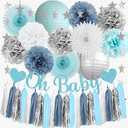 Dusty Blue Baby Shower Decorations Light Blue and White Baby Boy Shower Decorations Dusty Blue Silver Poms White Fans Lanterns with Oh Baby Banner Silver Tassel Garland for Boys