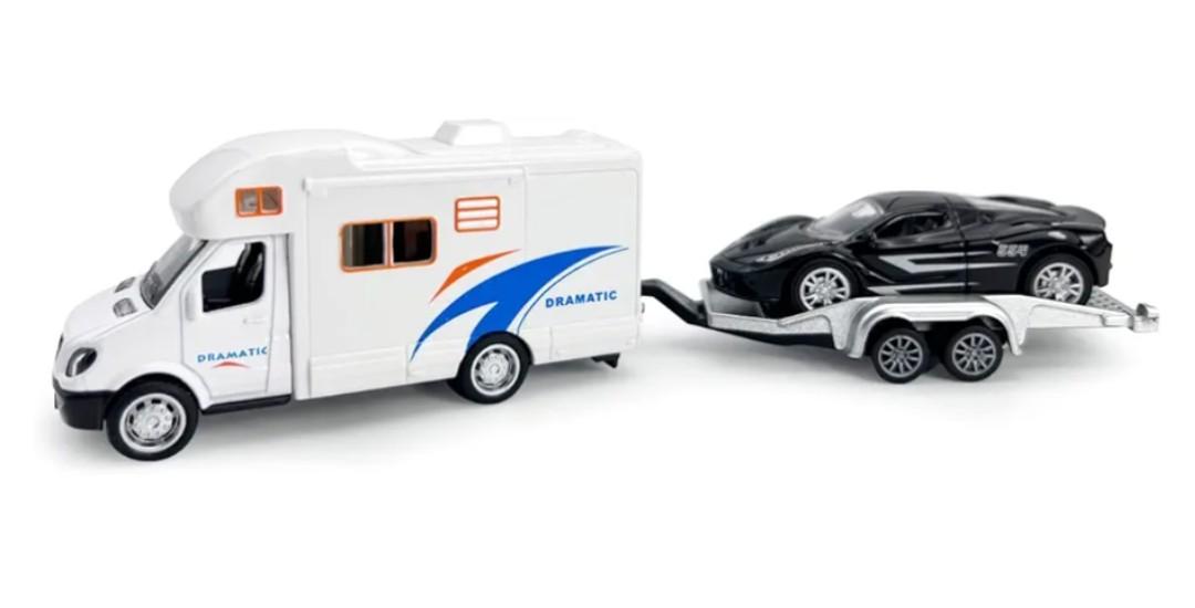 Toy Camper RV Trailer Towing Supercar Sports Model Car Diecast Motorhome Toys for Boys Pull Back Toy Cars, Beach Sandbox Outdoor Adventure Play Set, 3 4 5 6 Years Old Kids Toddlers Gifts, White