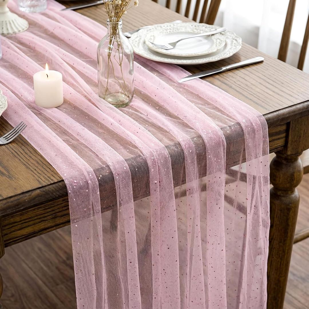 Tegeme Pink Table Runner 120 Inch 10 ft Sheer Gauze Glitter Foil Tulle Runner Cheesecloth Sequin Table Decorations for Wedding Anniversary Holiday Birthday Party Decor