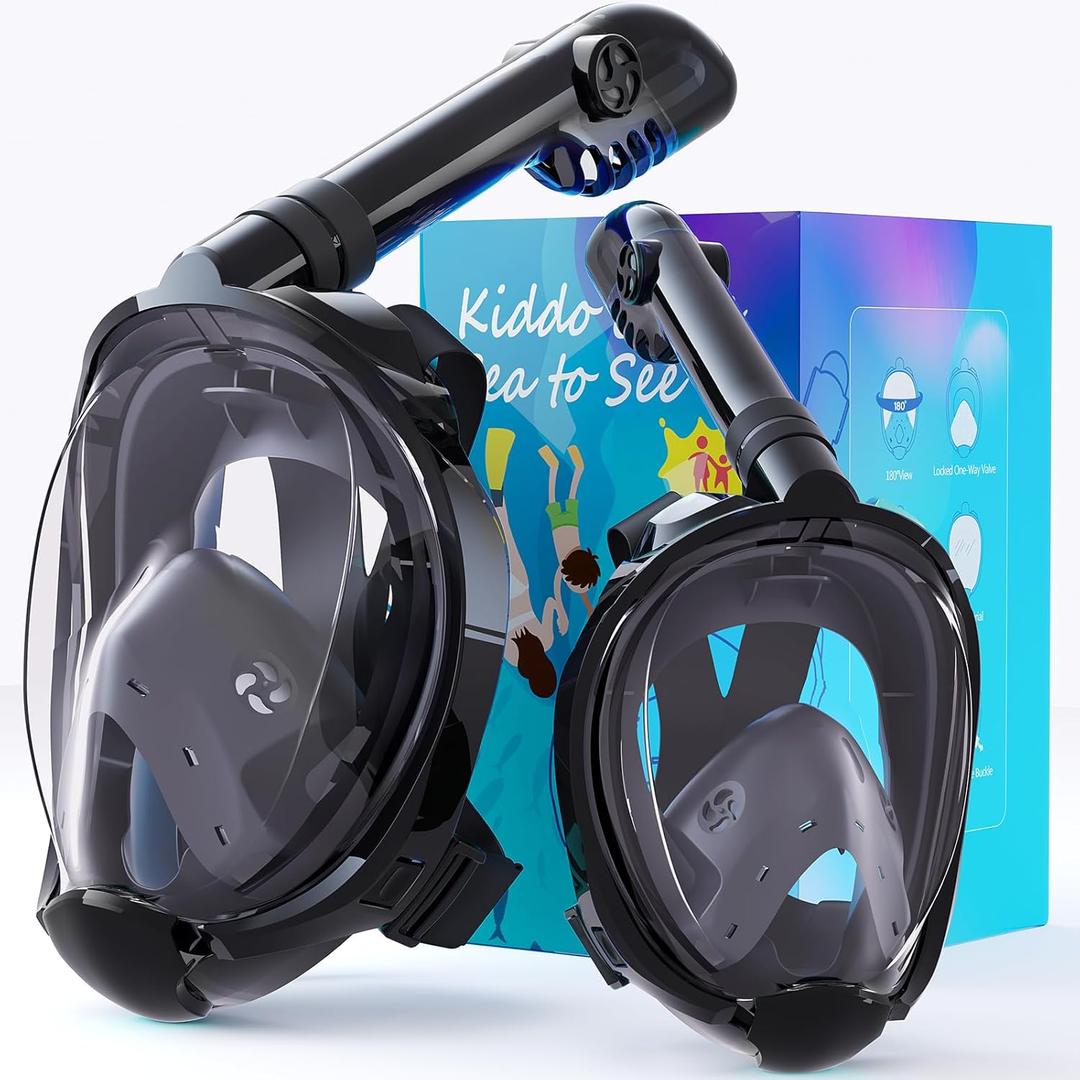 Greatever G2 Adults Kids Full Face Snorkel Mask 2 Pcs,Snorkeling Gear with Latest Dry Top System,Foldable 180 Degree Panoramic View,Safe Breathing,Anti-Leak&Anti-Fog Snorkeling Mask with Camera Mount (XL/L+XS, Black)