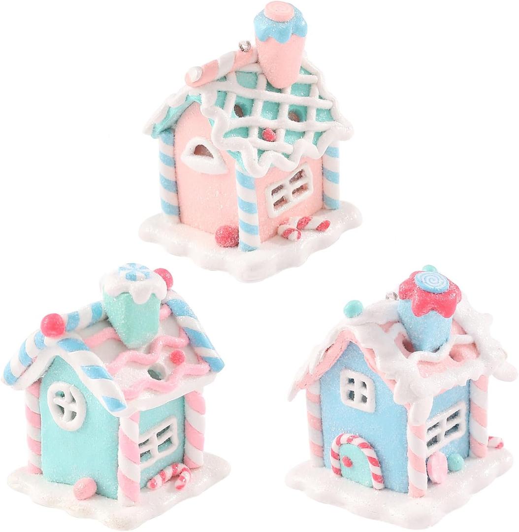 3Pcs Pastel Gingerbread House Ornaments for Christmas Tree Decorations Lighted LED Macaron Color Clay Hanging Candy House Ornament with Rope for Xmas Holiday Party Home Decoration