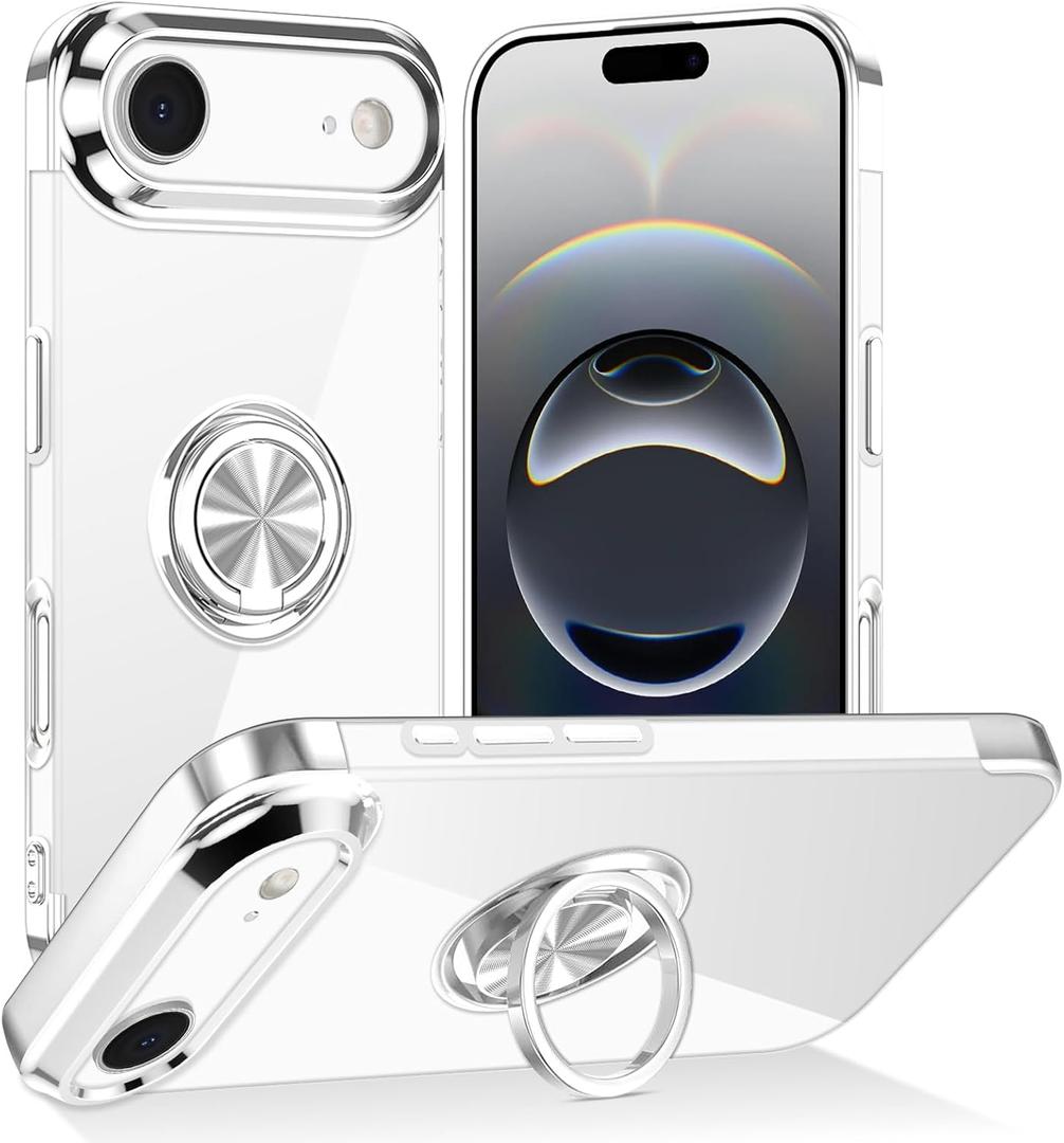 Tnarru Designed for iPhone Air Case with Stand [Magnetic Ring Holder Kickstand] Soft TPU Bumper Non-Yellowing Anti-Scratch Lightweight Slim for iPhone Air Case Silver and Clear (iPhone Air [6.5 Inch])