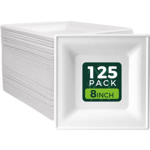 White 8-Inch Square Disposable Plates [125-Pack] - Compostable Heavy Duty Sugarcane Plates, Biodegradable Eco-Friendly Dinner Plates for Party