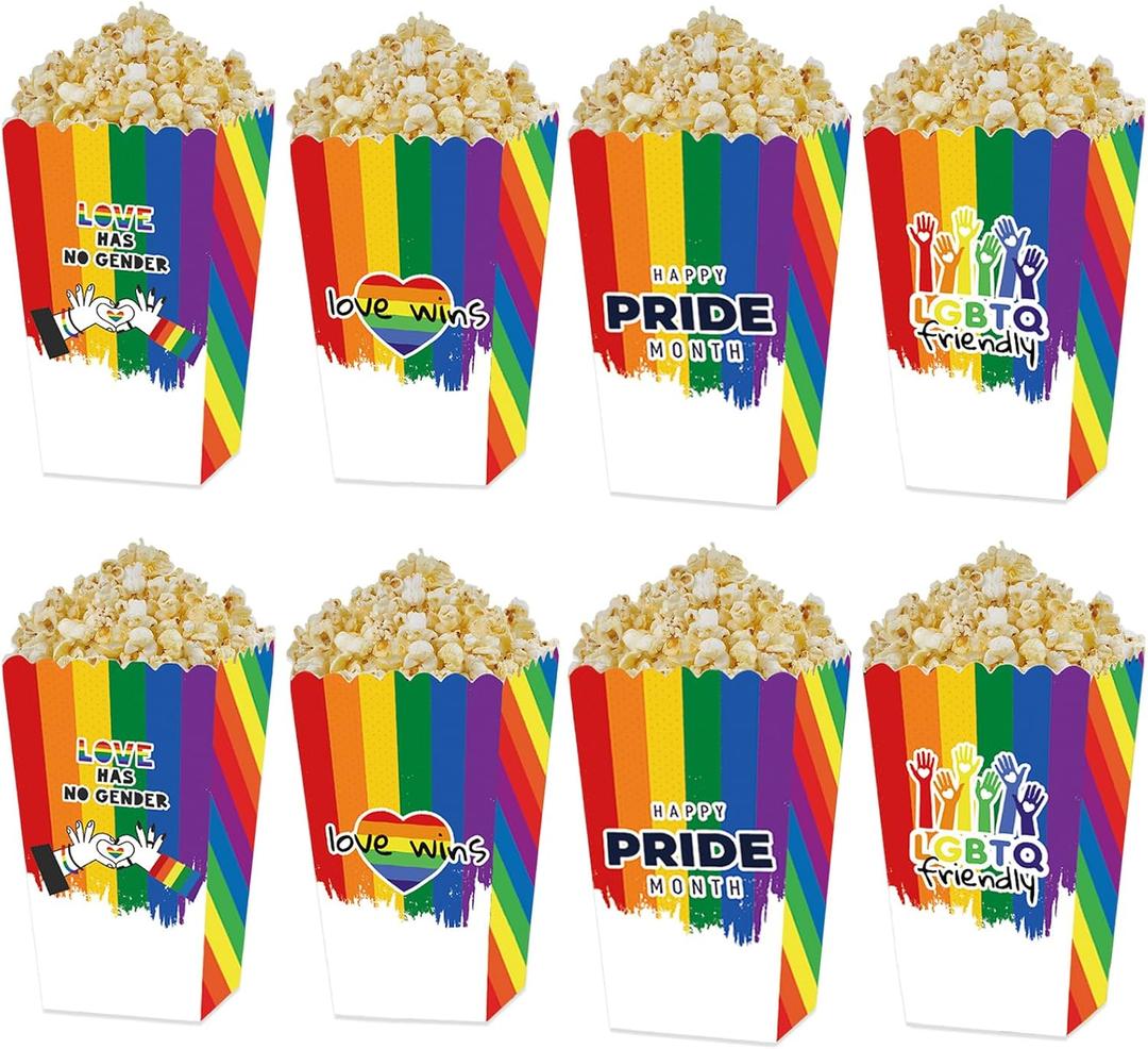8 Pcs LGBTQ Themed Disposable Paper Popcorn Boxes Bucket Rainbow Gay Pride Month Popcorn Box Cardboard Popcorn Container for Party Disposable Snack Candy Popcorn Bags Popcorn Holder Party Supplies