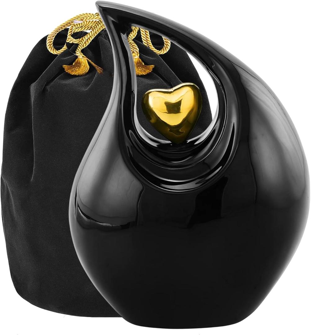 Heart of Love Cremation Urn for Human Ashes  Beautiful Memorial ERN for Adult  Decorative ERN for Loved Ones  Funeral Urn for Burial or Display (Black Gold, Adult)