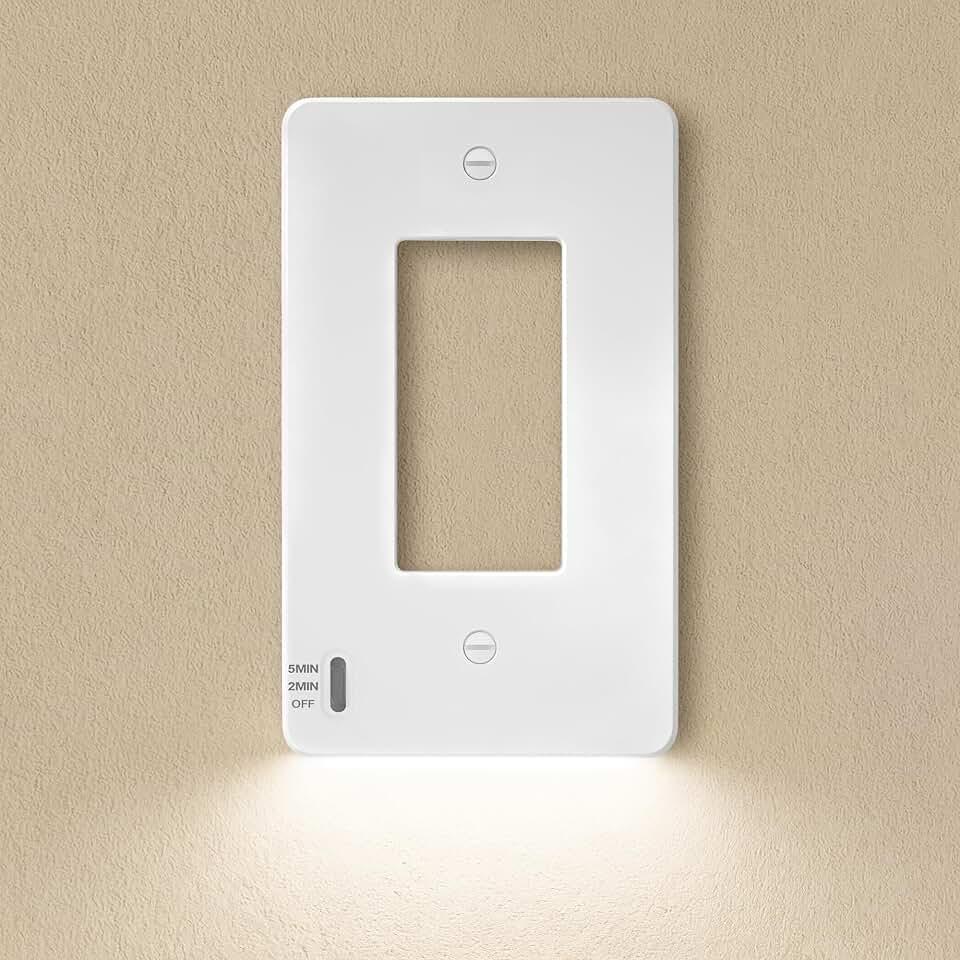 Akicon Light Switch Cover Plate with Motion-Activated LED Night Light, 1-Gang Wall Plate for Single-Pole Switches, 2/5 Minute Timer, Auto On/Off Sensor, White, 1 Pack