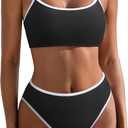 SUUKSESS Women High Waisted 2 Piece Bikini Set Cheeky High Cut Bandeau Swimsuit (Black, M)