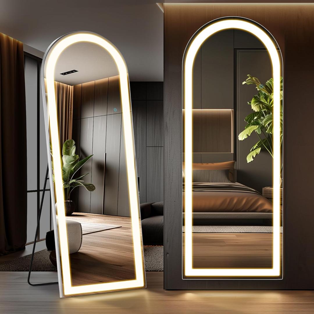 Elevon Full Length Mirror with LED Lights, 71"x26" Floor Mirror with Dimming & 3 Color Lighting, Led Mirrors Full Length with Stand for Bedroom, Dressing Room, Arched
