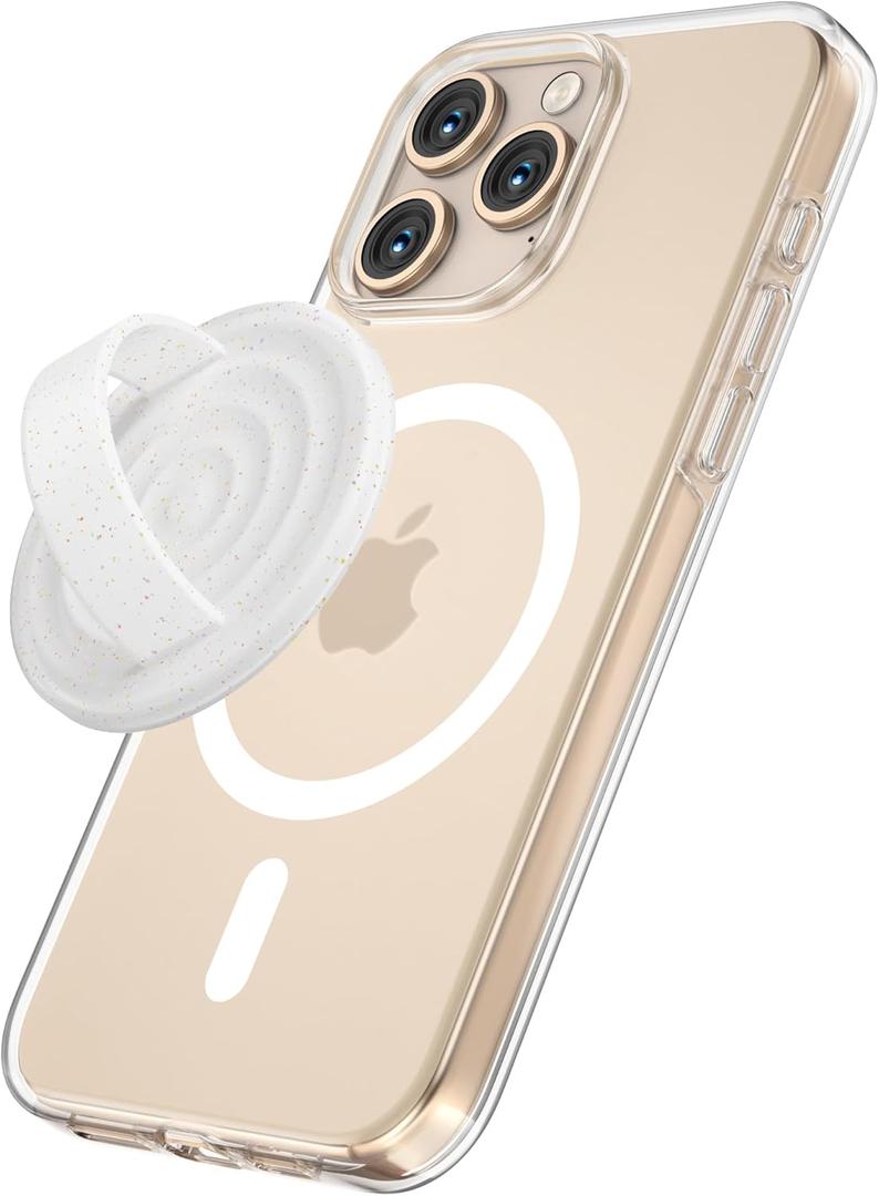 Magnetic Phone Grip Holder Compatible with MagSafe, Ultra Thin Silicone Finger Loop Ring Magnetic Grips for Back of Phone for iPhone Pro Max/Plus/16/15/14/13/12 Series, White Sparkle